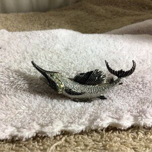 Silver Toned Rhinestone Fish Brooch- Decorative Pet Fish Accent